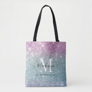 Girly Pink Blue Purple Glitter Monogram Name Tote Bag