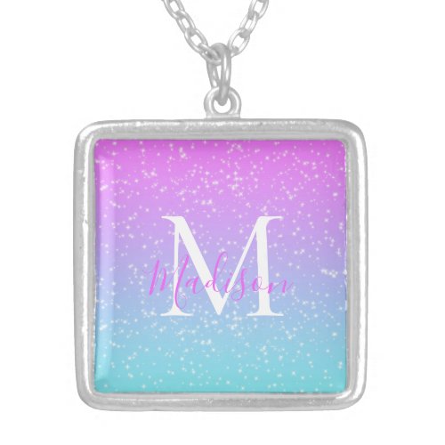 Girly Pink Blue Rainbow Star Glitter Monogram Name Silver Plated Necklace