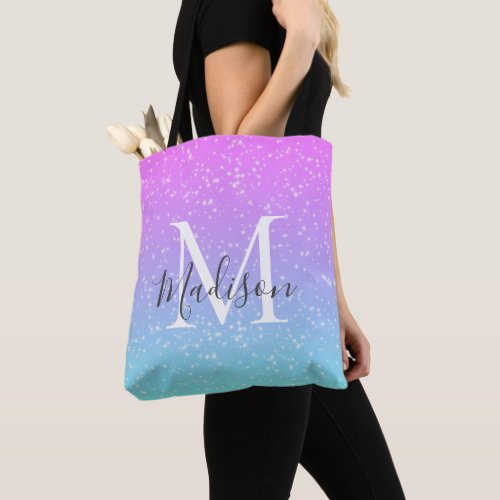 Girly Pink Blue Rainbow Star Glitter Monogram Name Tote Bag