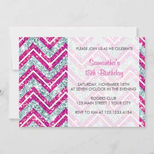 Girly Pink &amp; Blue Sparkly Faux Glitter Chevron Invitations