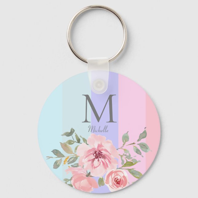 Girly Pink Blue Striped Floral Monogram  Keychain (Front)