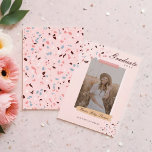 Girly Pink & Blue Terrazzo Photo Graduation Invitation<br><div class="desc">Modern, minimal, and girly graduation photo announcements to celebrate the grad. Design features a trendy modern design with a 1 photo layout to display your grad's photo. Girly script text displaying the graduate's name along with fun brush stoke elements and terrazzo design. Customize with the Grad's name, school, and graduation...</div>