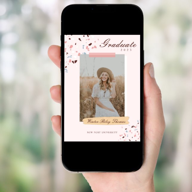 Girly Pink & Blue Terrazzo Photo Graduation Invitation (Front Digital)