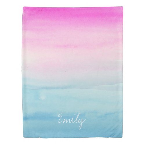 Girly Pink Blue Watercolor Ombre  Add Your Name Duvet Cover