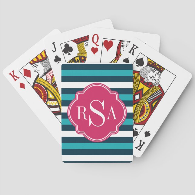 Girly Pink Blue White Striped Pattern Monogram Poker Cards (Back)