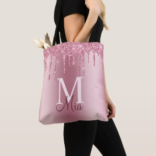 Girly Pink Blush Glitter Drips Monogram Name Tote Bag