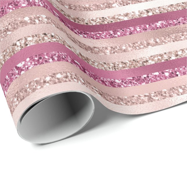 Girly Pink Blush Glitter Glam Stripes Wrapping Paper (Roll Corner)