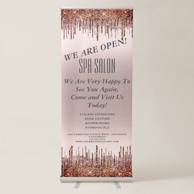 Girly Pink Blush Glittery Drips Lashes SPA Salon Retractable Banner (Front)