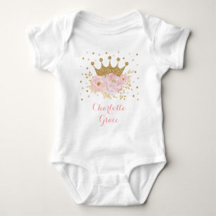 Girly Pink Blush Gold Floral Princess Crown Baby Bodysuit