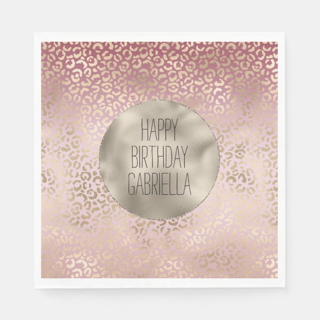Girly Pink Blush Gold Ombre Leopard Print Napkins (Front)