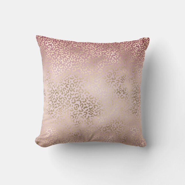 Girly Pink Blush Gold Ombre Leopard Print Throw Pillow (Front)