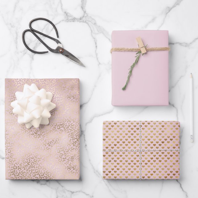 Girly Pink Blush Gold Ombre Leopard Print Wrapping Paper Sheets (Front)