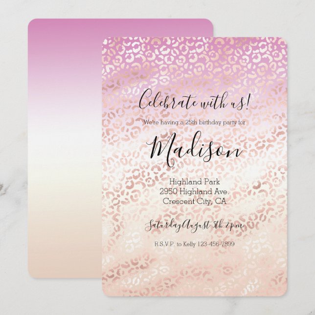 Girly Pink Blush Peach Glam Leopard Print Tie dye Invitation (Front/Back)