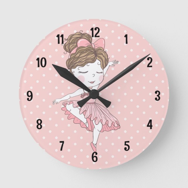 Girly pink blush polka dot ballerina  round clock (Front)