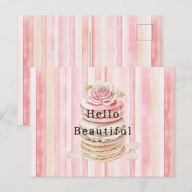 Girly Pink Blush White Stripes Macaroons Postcard (Front/Back)