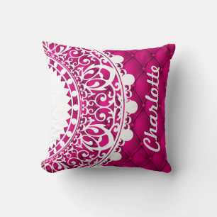 Girly Pink Bohemian Mandala Custom Name Throw Pillow