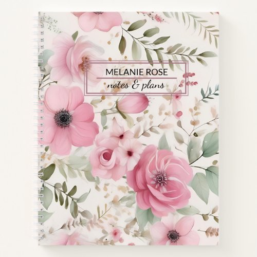 Girly Pink Boho Flowers Personalized Name Notebook