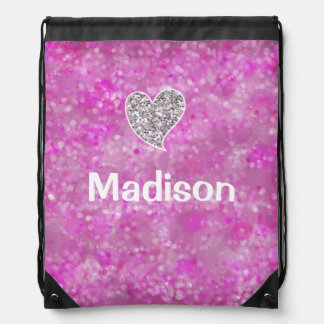 Girly Pink Bokeh and Glitter Heart with Name Drawstring Bag