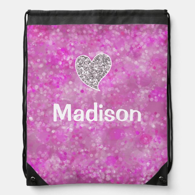 Girly Pink Bokeh and Glitter Heart with Name Drawstring Bag (Front)