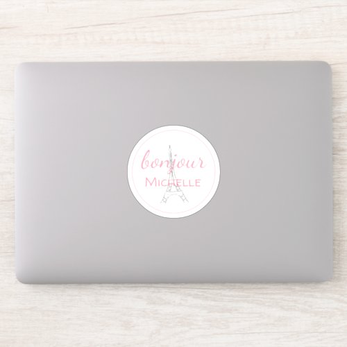 Girly Pink Bonjour Eiffel Tower Sticker