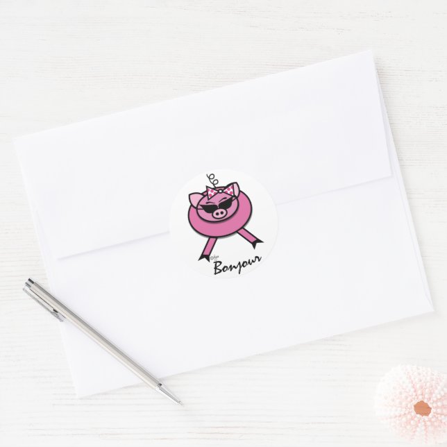 Girly Pink Bonjour Pig Round Sticker (Envelope)
