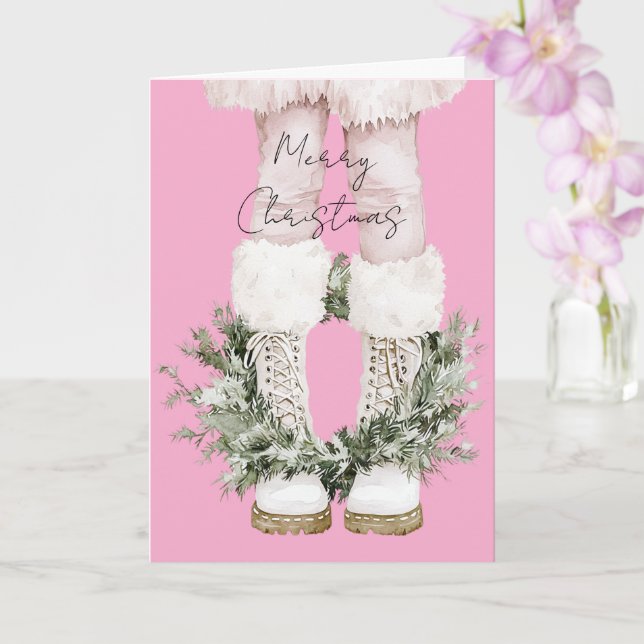 Girly Pink Boots Legs Christmas Card (Orchid)