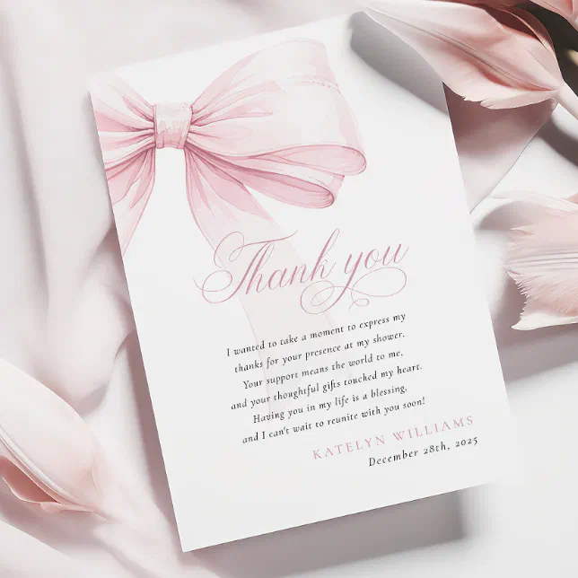 Girly Pink Bow Baby Shower Thank You Card | Zazzle