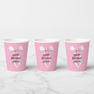 Girly Pink Bow Birthday Paper Cups