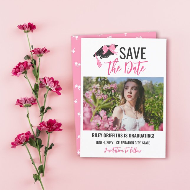 Girly Pink Bow & Cap Graduation Save The Date (Creator Uploaded)