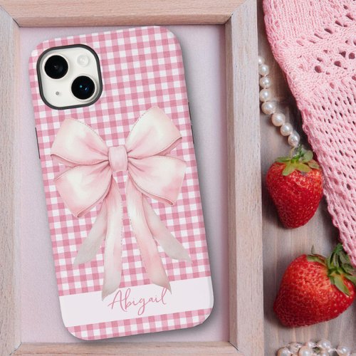 Girly Pink Bow Gingham Plaid Personalized Case_Mate iPhone 14 Plus Case