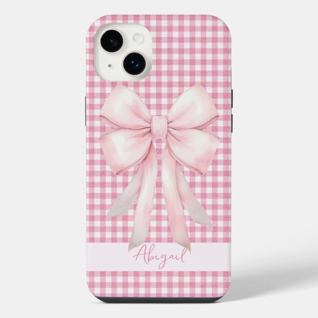 Girly Pink Bow Gingham Plaid Personalized Iphone Case (Back)