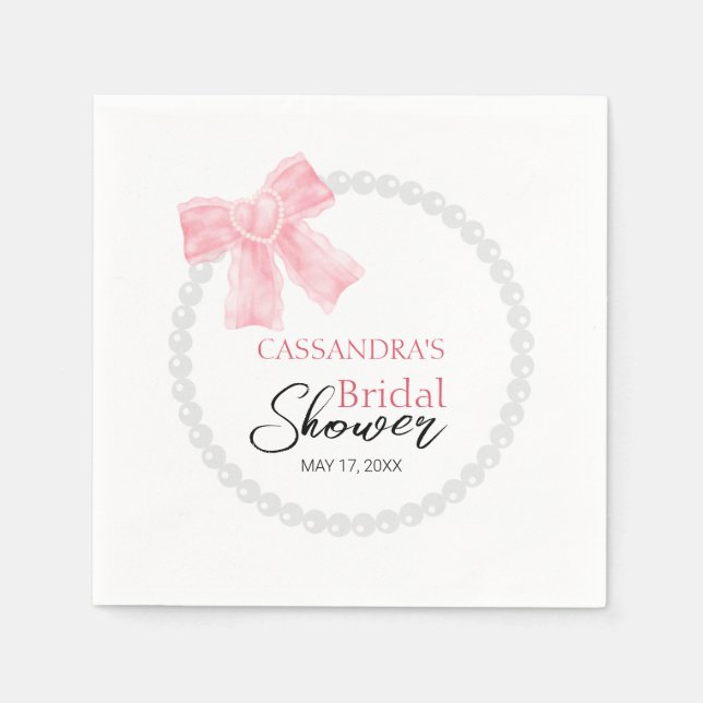 Girly Pink Bow White Circle Pearl Bridal Shower  Napkins (Front)