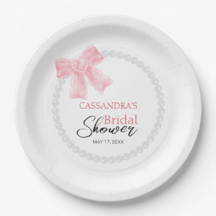 Girly Pink Bow White Circle Pearl Bridal Shower Paper Plates