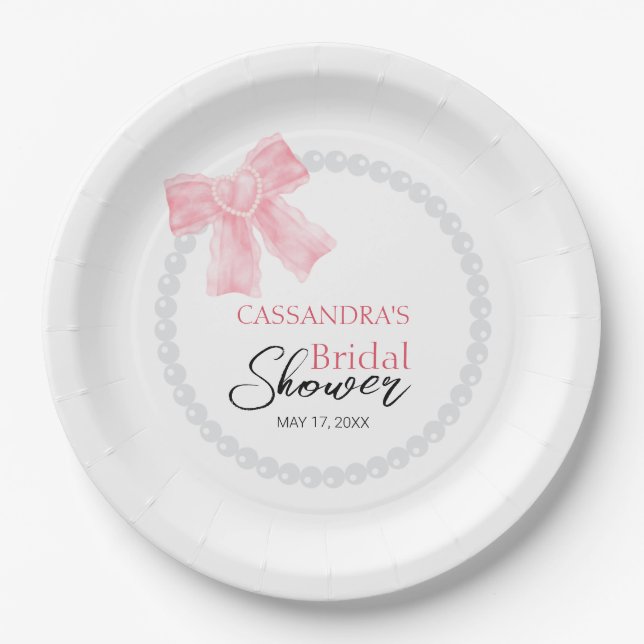 Girly Pink Bow White Circle Pearl Bridal Shower  Paper Plates (Front)
