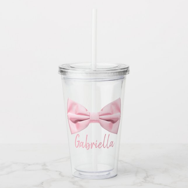 Girly Pink Bow With Name Preppy Custom 16oz, Clear Acrylic Tumbler (Front)