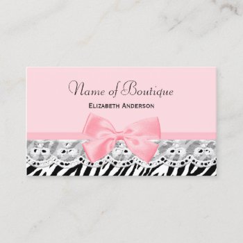 Girly Pink Bows And Lace Zebra Print Boutique Business Card by GirlyBusinessCards at Zazzle