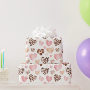 Girly Pink Brown Cream Leopard Animal Hearts Wrapping Paper