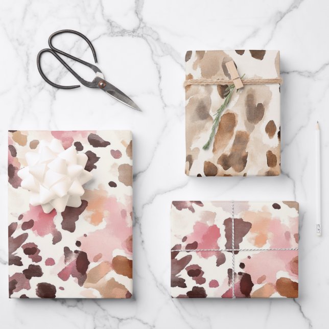 Girly Pink Brown Cream Leopard Animal Print Wrapping Paper Sheets (Front)