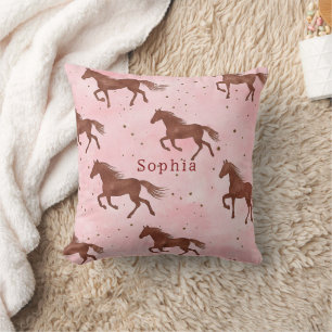 Girly Pink Brown Horses Floral Throw Pillow
