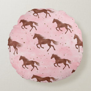 Girly Pink Brown Horses Stripes Round Pillow