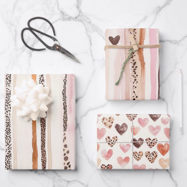 Girly Pink Brown Leopard Print Hearts Birthday Wrapping Paper Sheets (Front)