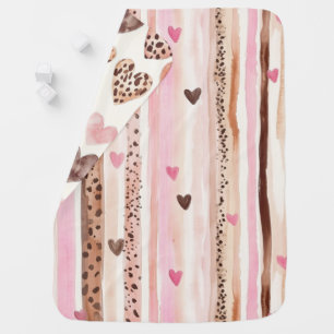 Girly Pink Brown Leopard Print Hearts Stripes Baby Blanket