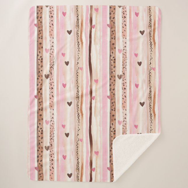 Girly Pink Brown Leopard Print Hearts Stripes Sherpa Blanket (Front)
