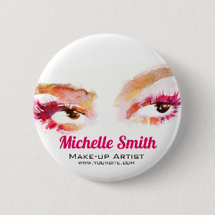 Girly Pink Brown Watercolor Eye Makeup Artist Button