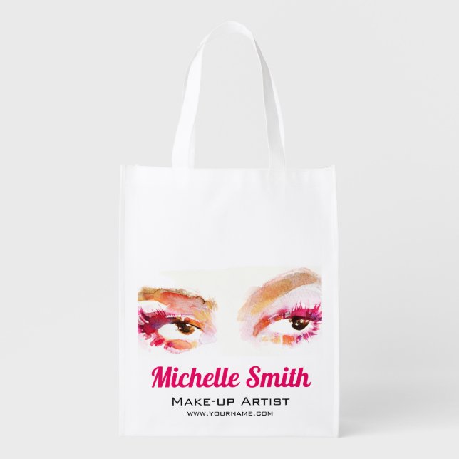 Girly Pink Brown Watercolor Eye Makeup Artist Grocery Bag (Front)