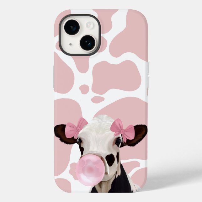 Girly Pink Bubblegum Blowing Cow Lovers Case-Mate iPhone Case (Back)