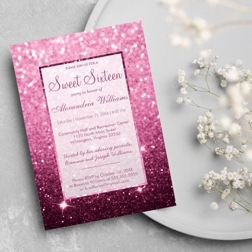 Girly pink burgundy faux glitter bokeh Sweet 16 Invitation