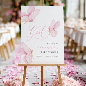 Girly Pink Butterflies Baby Shower Welcome Sign