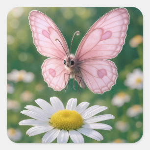 Girly Pink Butterfly and White Daisy Square Sticker