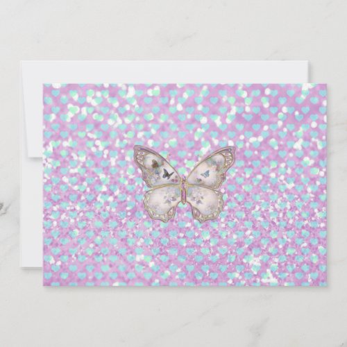 Girly Pink Butterfly Blue Hearts Glitter Pattern Announcement